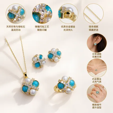 Gold inlaid with blue turquoise and pearl stud ring and necklace set, elegant and fashionable accessory gift box Gold inlaid with blue turquoise and pearl stud ring and necklace set, elegant and fashionable accessory gift box
